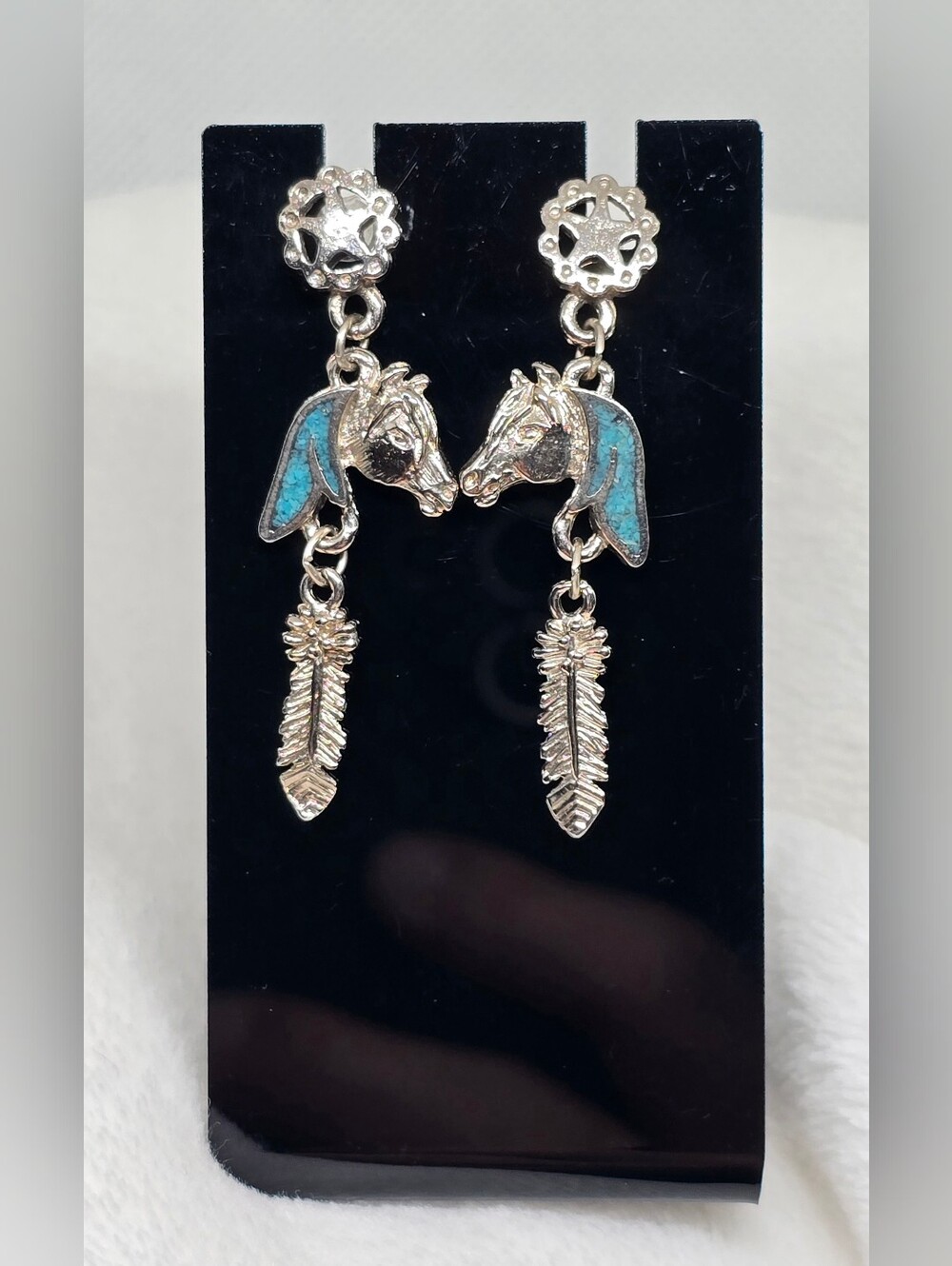 Genuine Turquoise Horse Head Southwestern Equestrian Silvertone Pieced Earrings